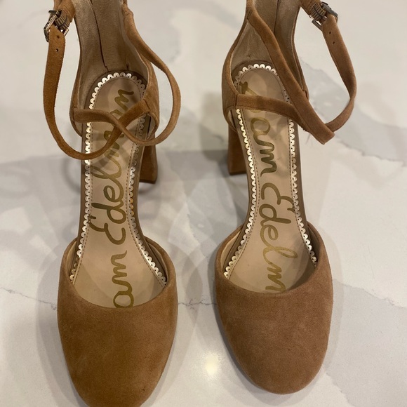 Sam Edelman “Simmons” Caramel Kid Suede Block Heel Ankle Strap Shoes Size 9 - Picture 4 of 7